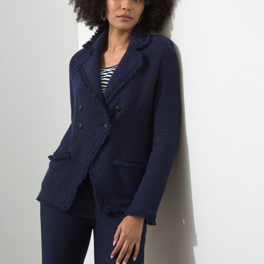 Chico's Navy Blue Textured Knit Double Breasted Fringe Trim Blazer Jacket Size 2
